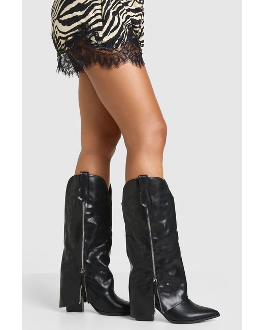 Boohoo Black Wide Fit Zip Foldover Cowboy Boots