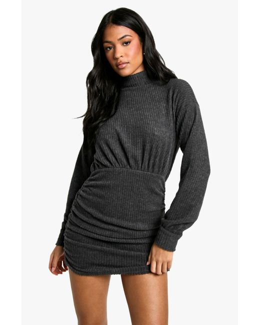 Boohoo Black Tall High Neck Soft Rib Ruched Mini Dress