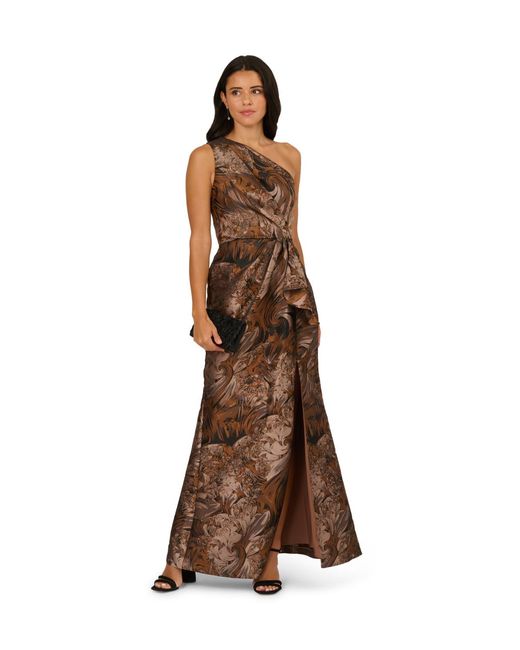 Adrianna Papell Brown One Shoulder Jacquard Gown