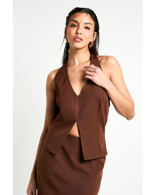 Boohoo Brown Woven Halterneck Plunge Top