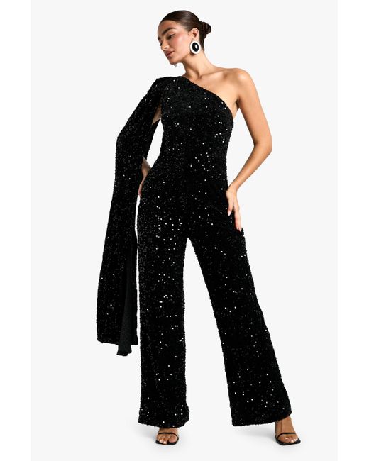 Boohoo Black Velvet Sequin Shoulder Cape Asymmetric Jumpsuit