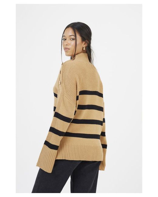 Brave Soul Natural Striped Turtleneck Jumper With Button Detail
