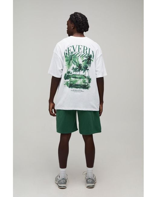BoohooMAN Green Oversized Neck Beverly Hills Palm Print T-Shirt & Short Set for men