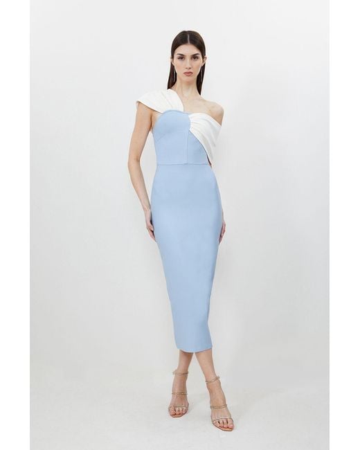 Karen Millen Blue Petite Figure Form Bandage Asymmetric Strap Knit Midi Dress