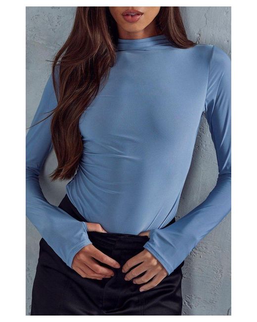 MissPap Blue Double Layer Slinky Ruched High Neck Bodysuit