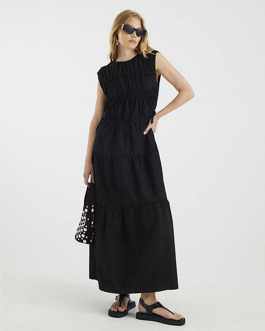 River Island Black Maxi Dress Drawstring Tiered Sleeveless Cotton