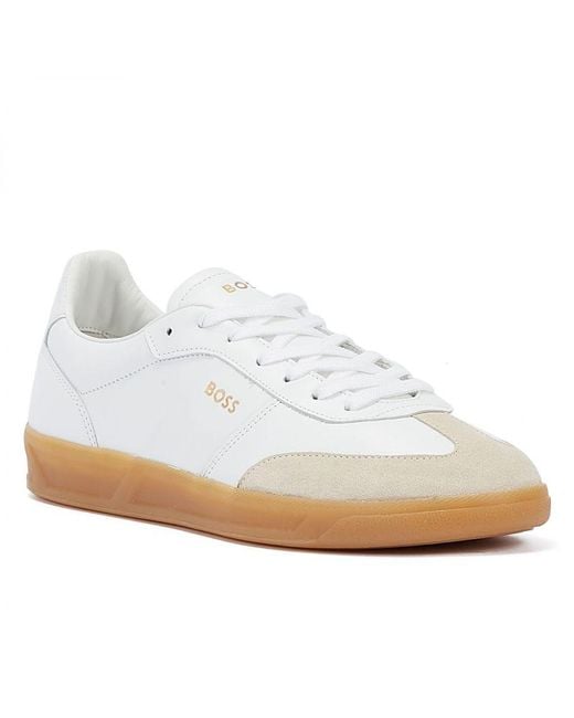Boss White Boss Brandon Leather And Suede Trainers With Embossed Logos for men