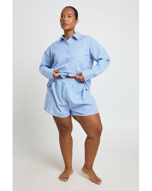 Boohoo Blue Plus Cotton Pinstripe Pyjama Short