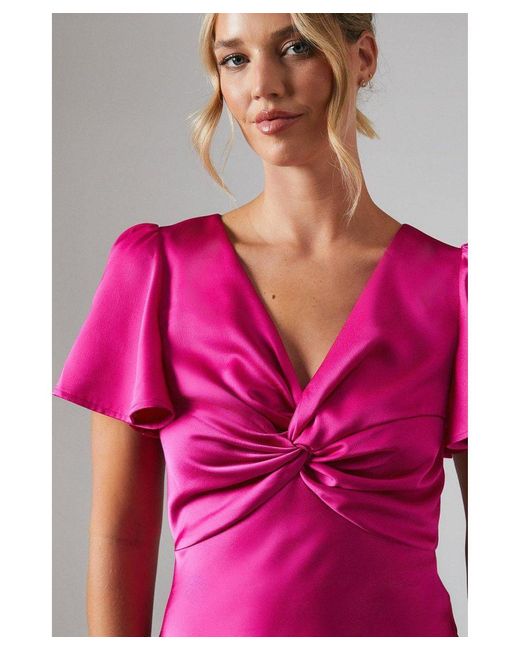 Oasis Pink Satin Twist Front Angel Sleeve Midi Bridesmaids Dress