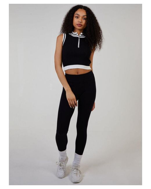 Pink Vanilla Black Half Zip Striped High Neck Sleeveless Crop Top