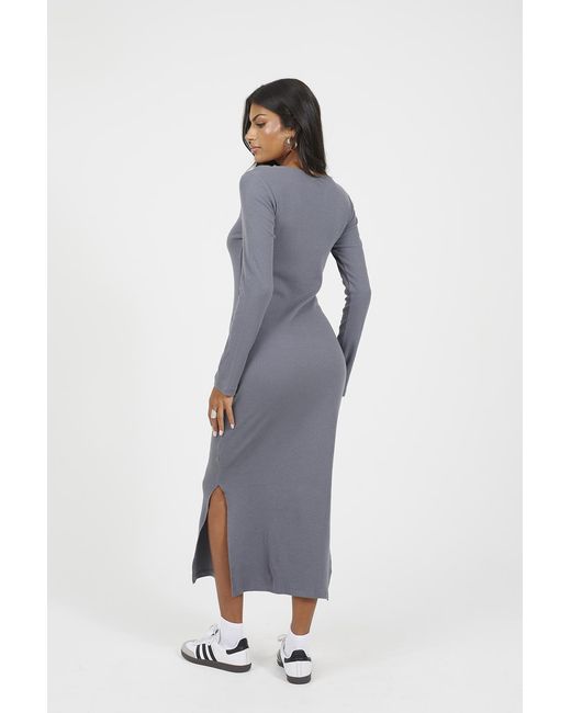 Brave Soul Blue Ribbed Long Sleeve Maxi Dress With Slit