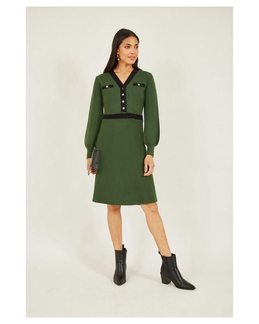 Yumi' Green Knitted Shirt Dress With Contrast Detail Viscose