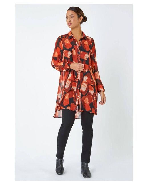 Roman Red Abstract Print Longline Blouse