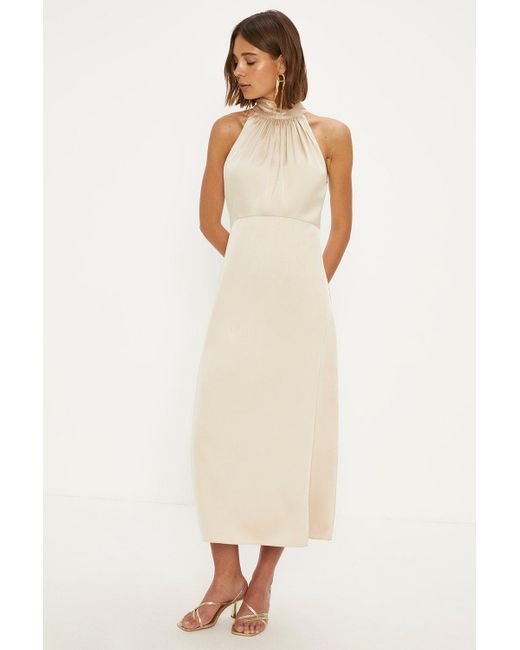 Oasis Natural Satin Halter Neck Midi Bridesmaids Dress