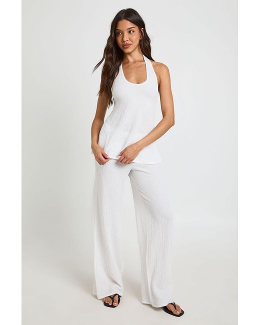 Boohoo White Crinkle Scoop Neck Vest Wide Leg Trouser Co Ord