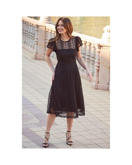 Sosandar Black Broderie Lace Flutter Sleeve Fit & Flare Midi Dress