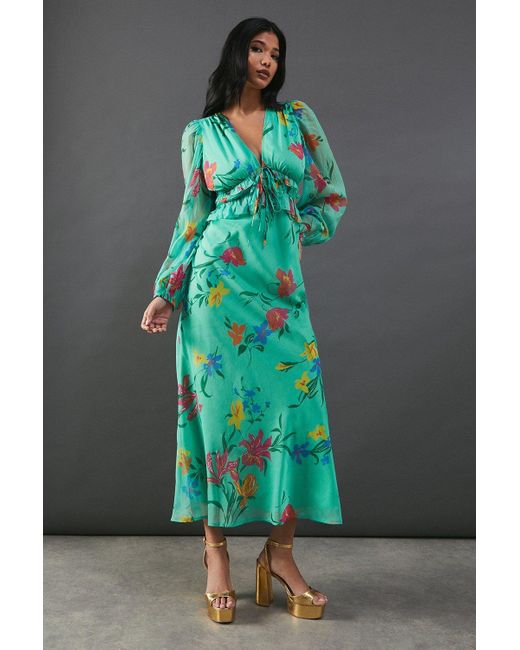 Warehouse Green Chiffon Floral Ruffle Midi Tea Dress