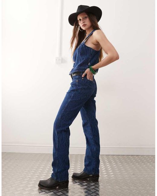Wrangler Blue Co-Ord Sunset Mom Fit Jeans With All Over Print