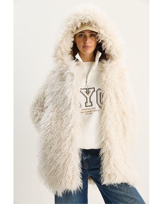 Bianco Lucci Natural Oversize Hooded Faux Fur Jacket
