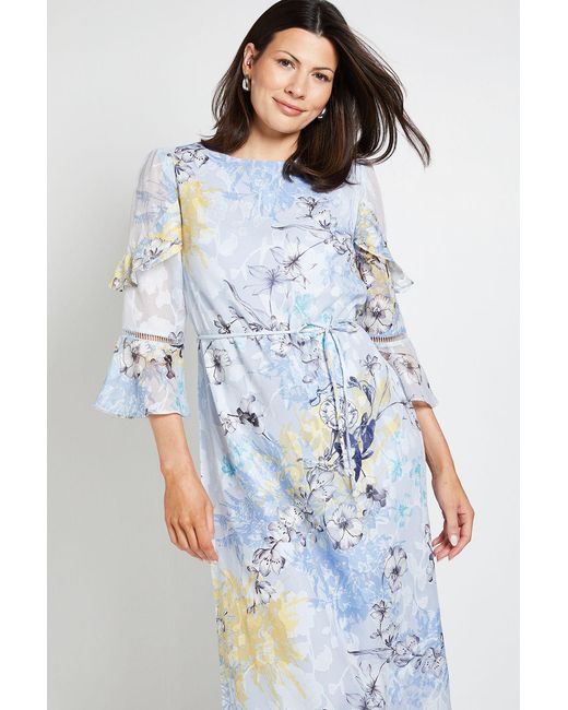Wallis Blue Floral Burn Out Ruffle Midi Dress