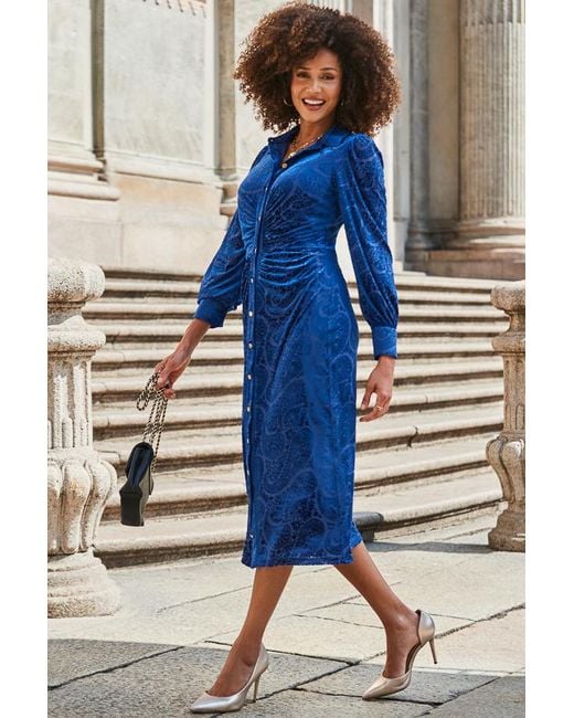 Sosandar Blue Sapphire Velvet Paisley Devoré Shirt Dress