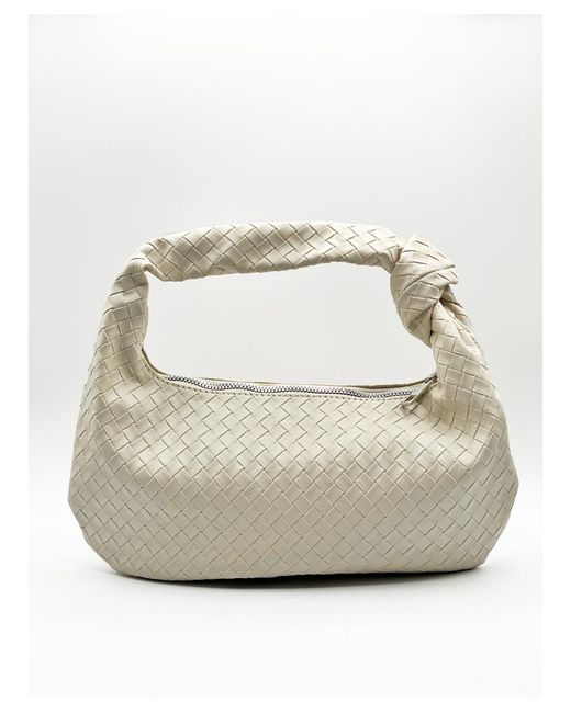 SVNX White Woven Pu Leather Grab Bag With Knotted Strap Detail
