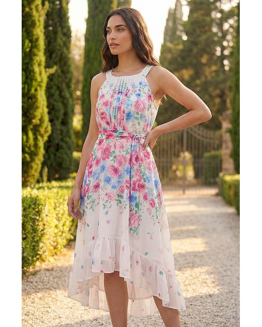 Roman Pink Floral Print High Low Midi Dress