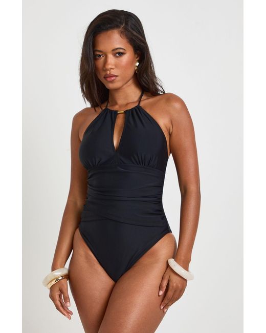 Boohoo Blue Tummy Control Cut Out Halter Neck Trim Detail Swimsuit