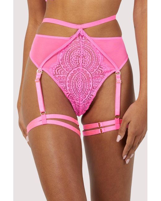 Wolf & Whistle After Dark Pink Demi Bright Lace & Mesh Hw Suspender Thong With Pvc Bindings