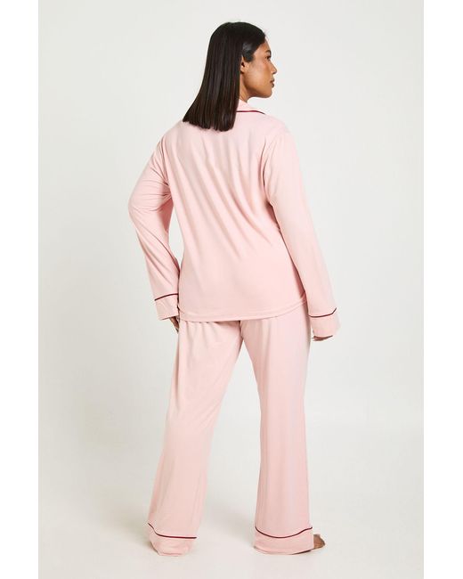 Boohoo Pink Plus Jersey Piping Detail Long Sleeve & Trouser Pyjama Set