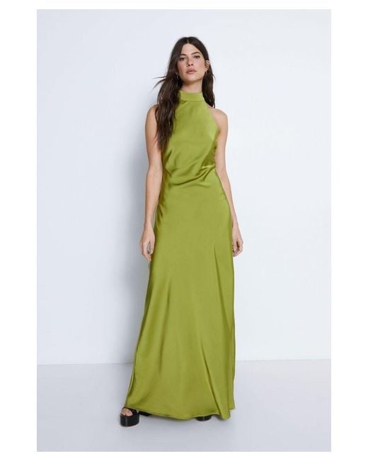 Warehouse Green Satin Halterneck Slip Dress