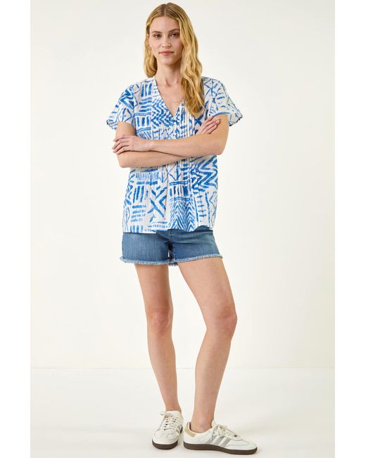 Roman Blue Abstract Print V-Neck Tunic Top
