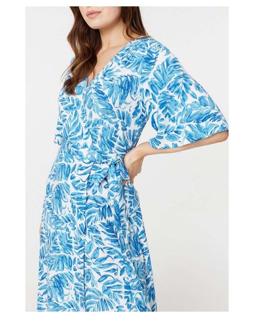 Izabel London Blue Leaf Print 1/2 Sleeve Wrap Dress