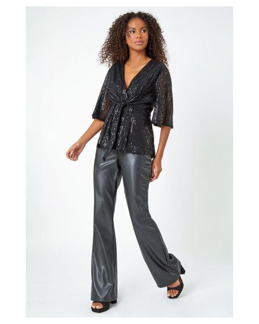 D.u.s.k Black Sequin Tie Front Stretch Top