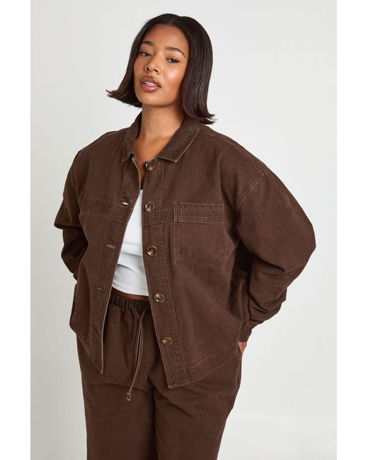 Boohoo Brown Plus Washed Denim Long Sleeve Shirt