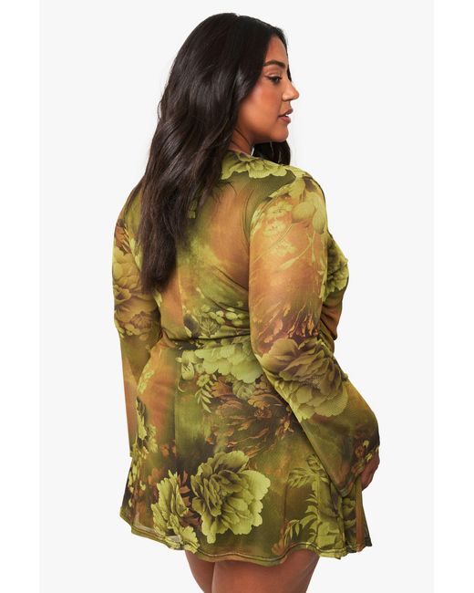 Boohoo Yellow Plus Floral Mesh Wrap Mini Dress