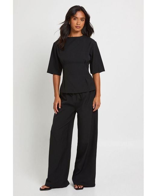 Boohoo Black Petite Woven Marl Cinch Waist Top Wide Leg Trouser Co-Ord