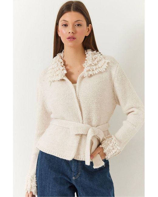 Bianco Lucci Natural Frilly Tie Closure Shawl Collar Cardigan