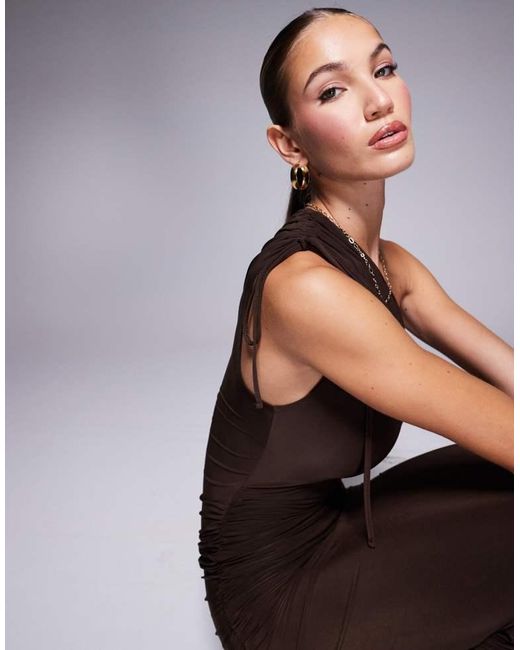 Kaiia Brown Exclusive Double Layered Slinky One Shoulder Drawstring Detail Bodycon Midaxi Dress