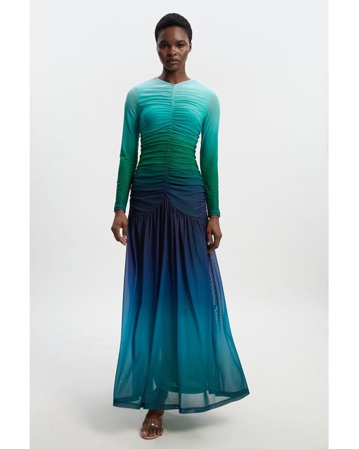 Karen Millen Blue Long Sleeve Ombre Mesh Maxi Dress