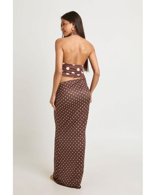 Boohoo Brown Tonal Polka Dot Halter Maxi Dress With Cutwork Waist