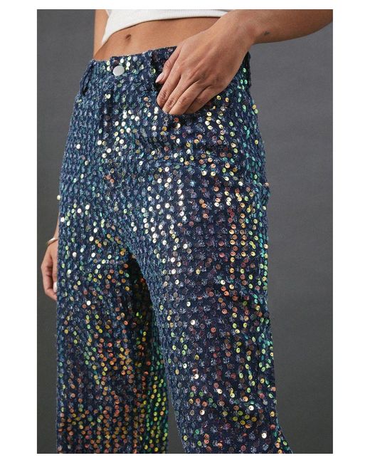 Warehouse Blue Sequin Straight Leg Jeans
