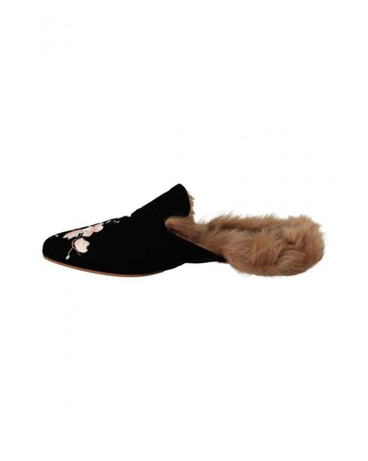 GIA COUTURE Brown Velvet Floral Fur Slip On Flats Shoes