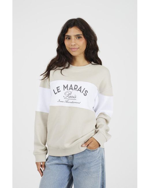 Brave Soul White Contrast Stripe Panel Crew Neck Sweatshirt Cotton