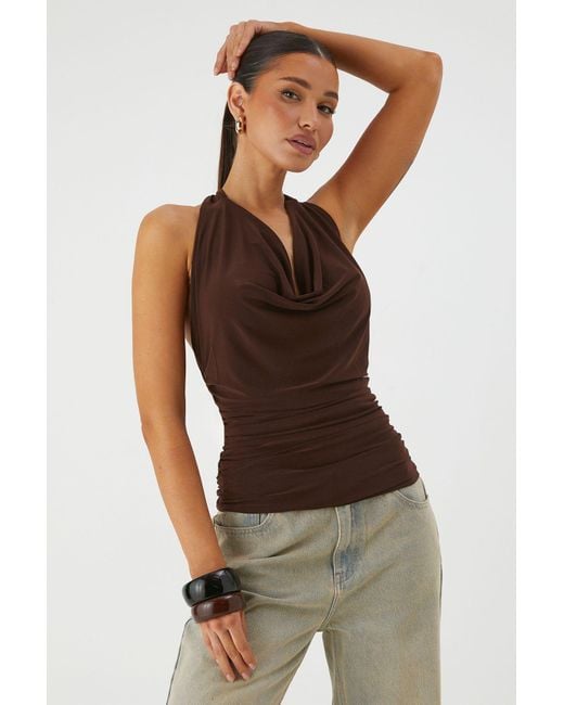 MissPap Brown Plunge Halter Neck Ruched Wrap Top