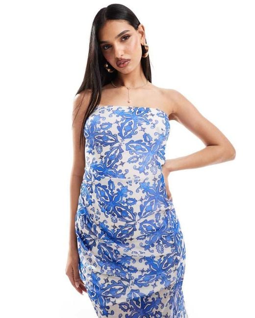 ASOS Blue Bandeau Midi Dress With Drape Mesh Bodice