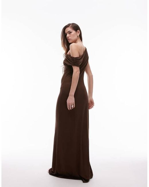 TOPSHOP Brown Jersey Off The Shoulder Slinky Maxi Dress