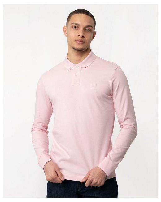 Boss Pink Boss Passerby Long Sleeve Stretch-Cotton Polo Shirt With Logo Patch for men