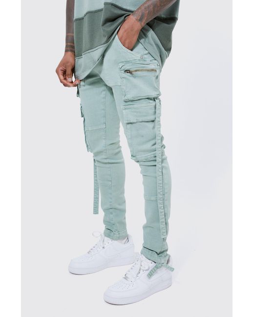 BoohooMAN Blue Super Skinny Stretch Strap Detail Cargo Jeans for men