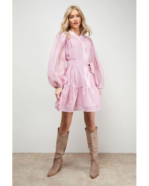 Oasis Pink Jacquard Chiffon Button Down Belted Mini Dress